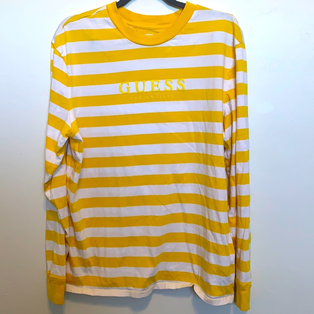 GUESS long sleeve white and yellow striped t-shirt